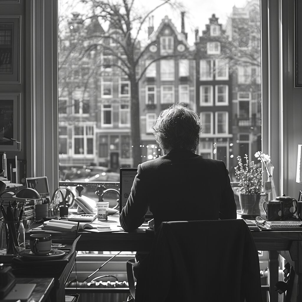Robert works in his home office | Source: Midjourney