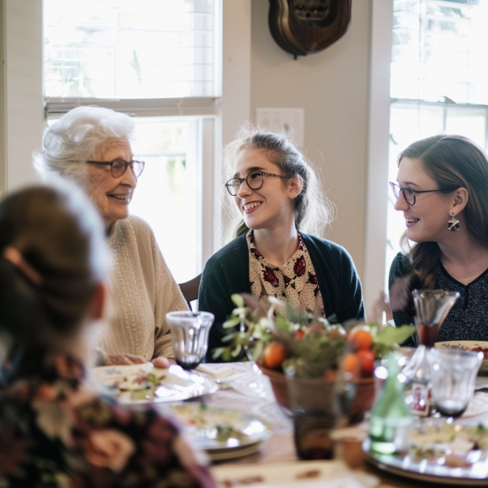 A grandma sitting at the dining table with her family | Source: Midjourney