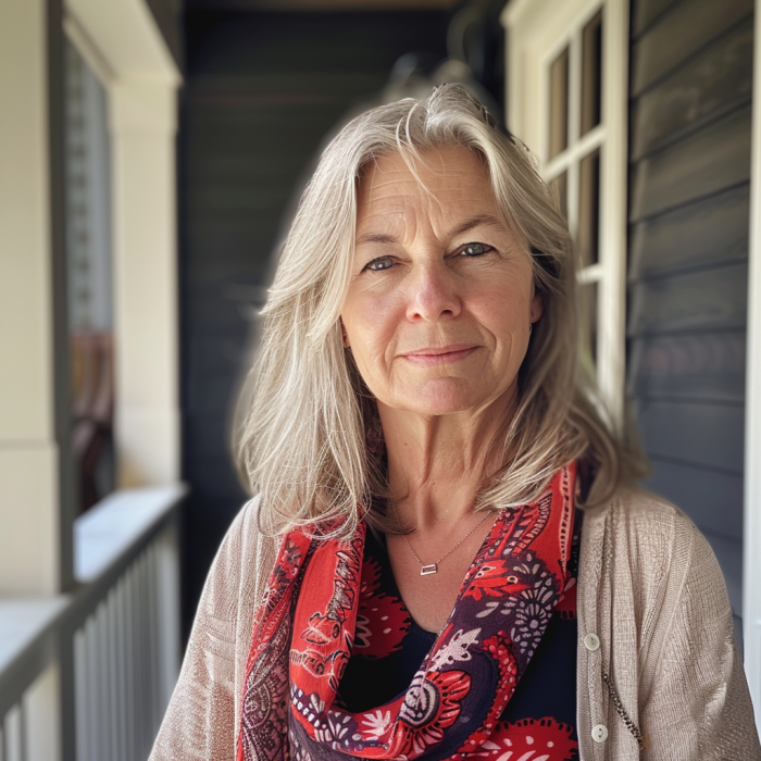 A middle-aged woman standing on the front porch of her house | Source: Midjourney