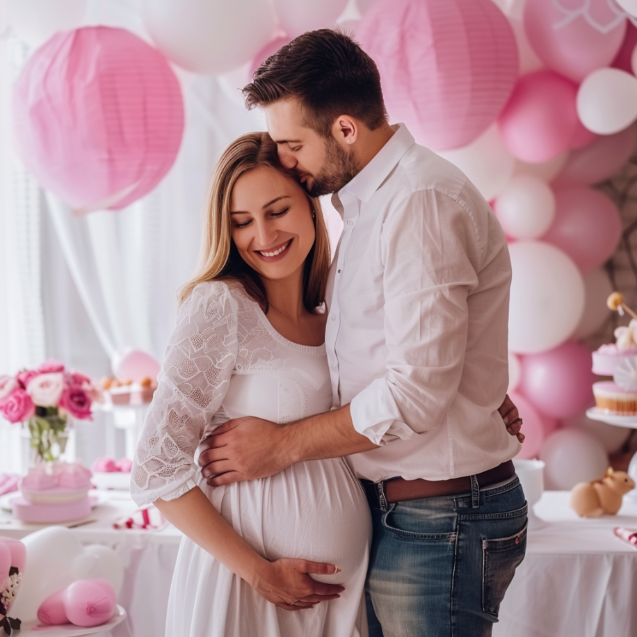 A husband kissing his pregnant wife at their baby shower | Source: Midjourney