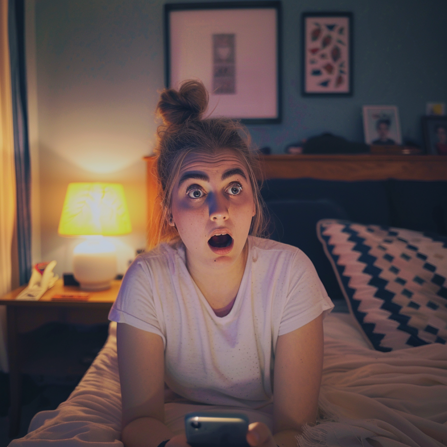 A shocked woman watching TV in her bedroom | Source: Midjourney