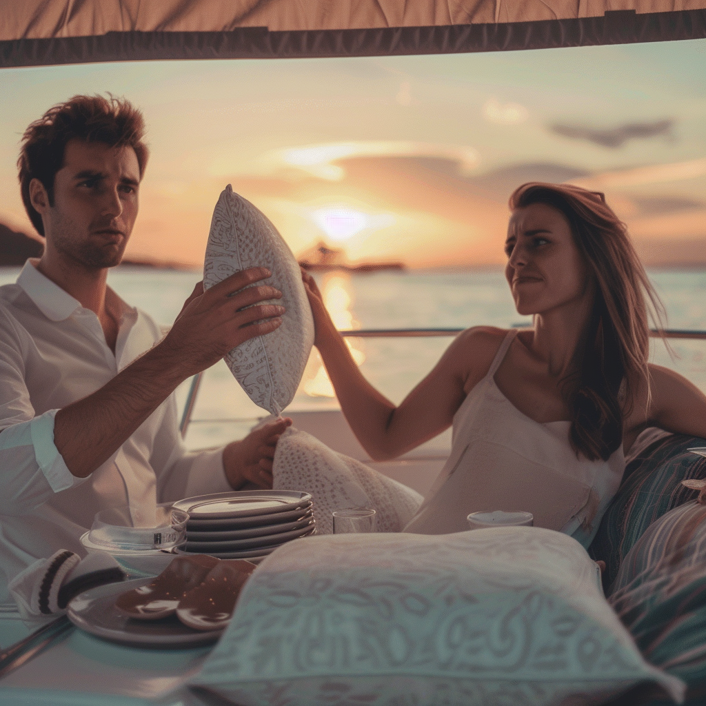 Man looking at a pillow confused as woman shows an expression of displease | Source: Midjourney