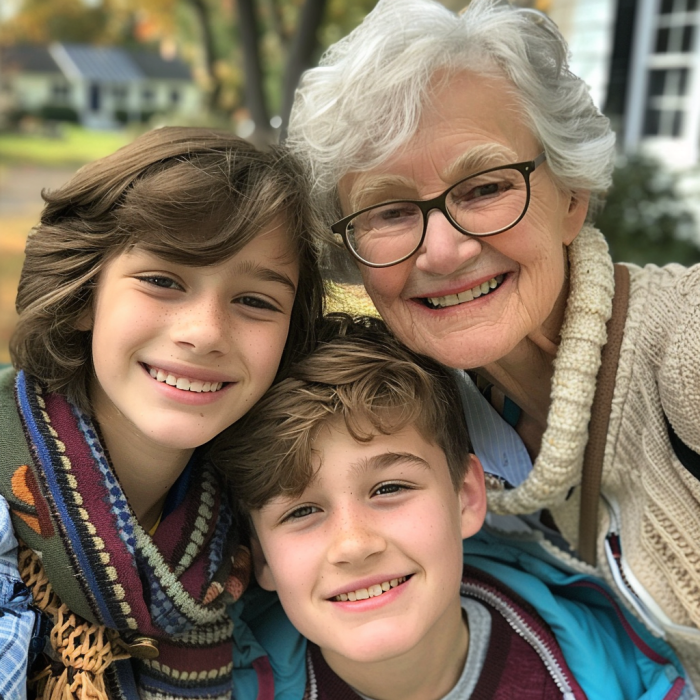 A grandma taking a selfie with her teenage grandkids | Source: Midjourney