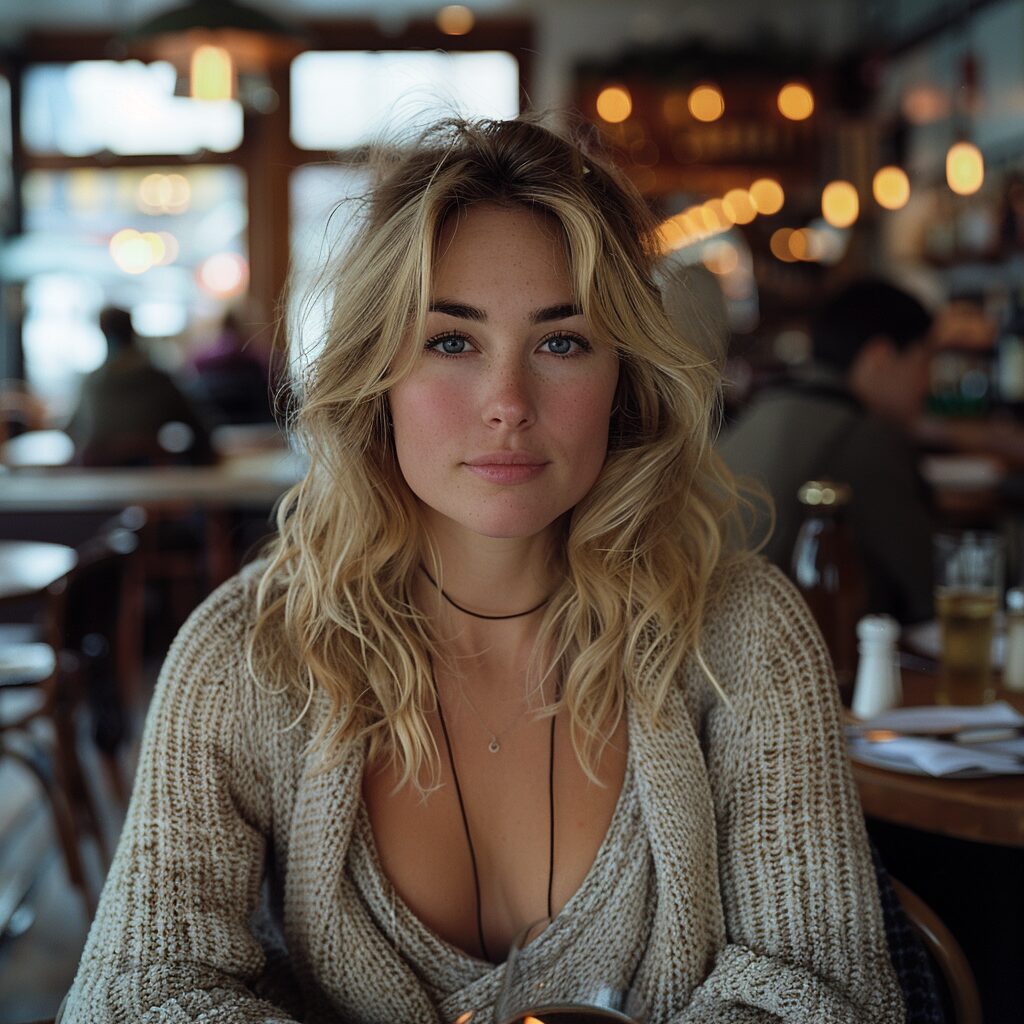 Emily sits shyly in the restaurant | Source: Midjourney