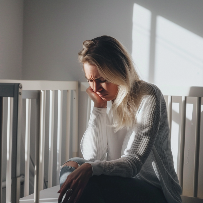 A woman feeling sad while sitting next to an empty baby cot | Source: Midjourney