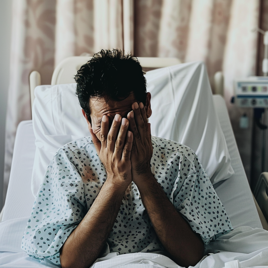 A depressed man covering his face with his hands while lying in a hospital bed | Source: Midjourney