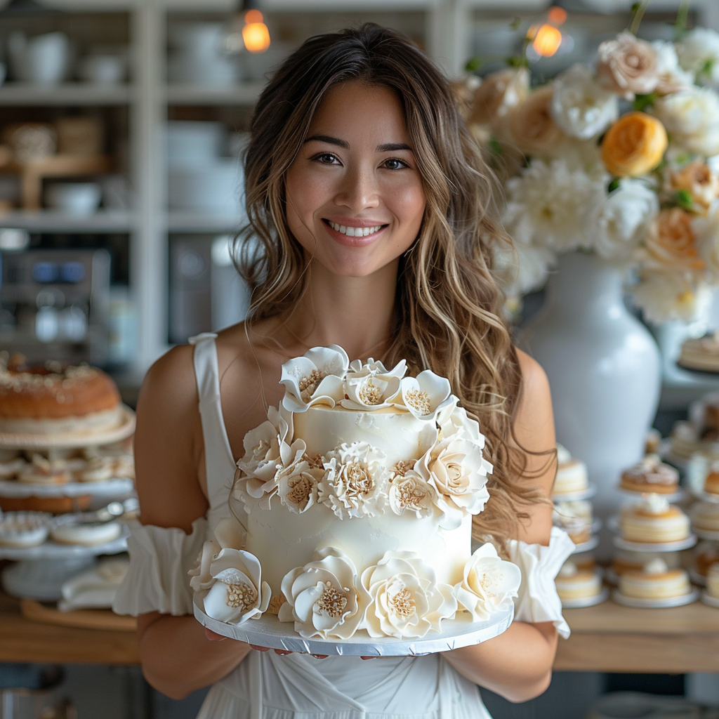 Kate with her cake | Source: Midjourney