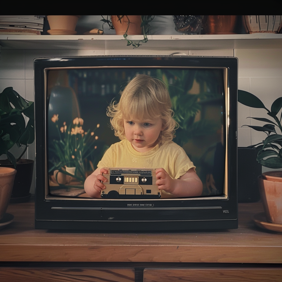 A TV screen showing a little girl playing with a VHS tape | Source: Midjourney