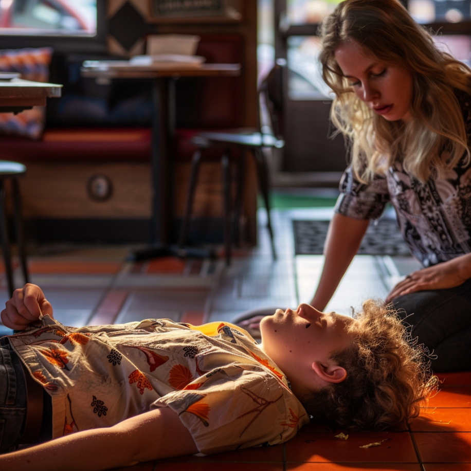 A woman trying to help a teenage boy lying unconscious on the floor | Source: Midjourney