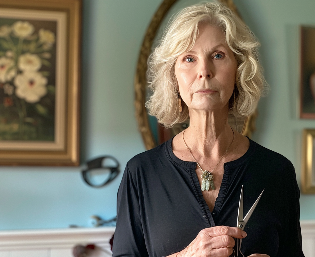 Woman holding a pair of scissors in the living room | Source: Midjourney