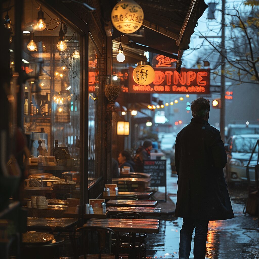 Robert approaches the cafe | Source: Midjourney