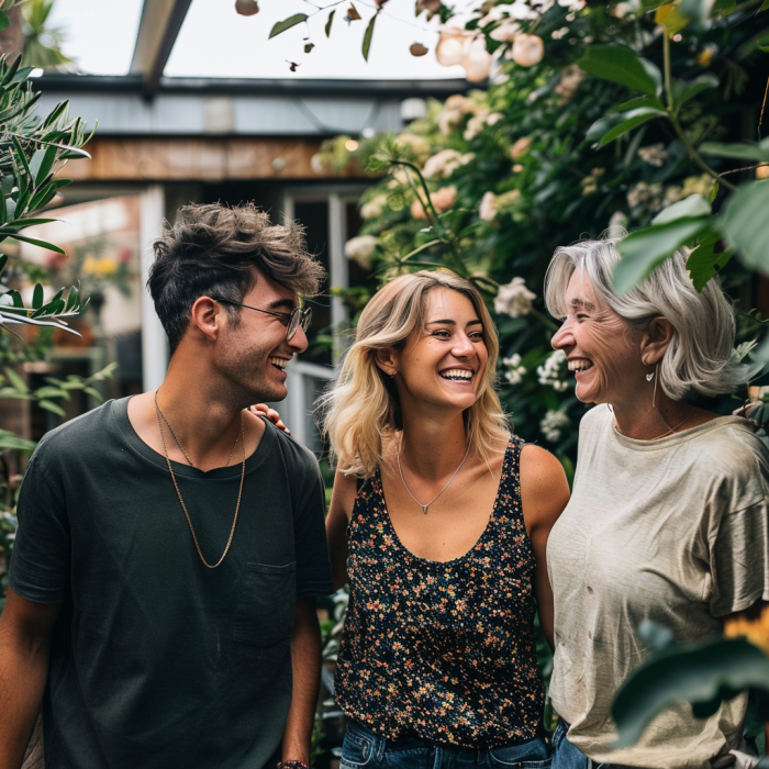A couple laughing while chatting with a middle-aged woman | Source: Midjourney