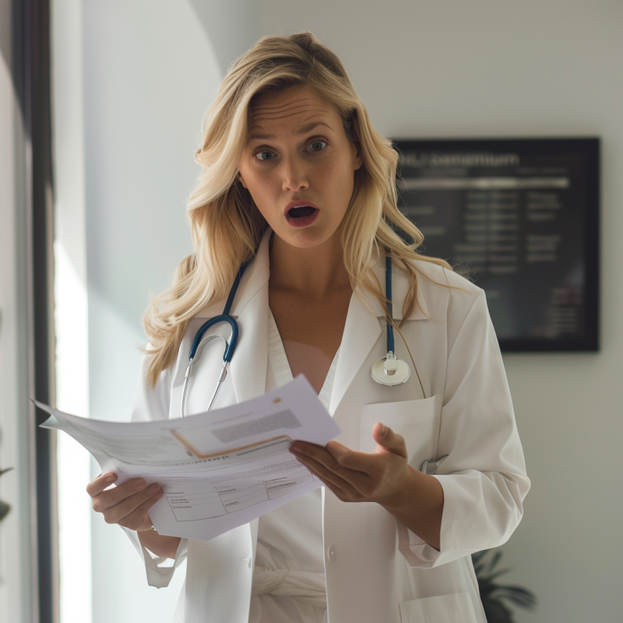 A shocked female doctor holding a patient