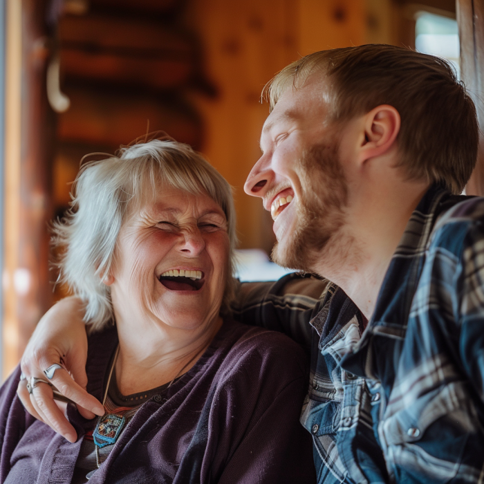 An elderly woman laughing with her son | Source: Midjourney