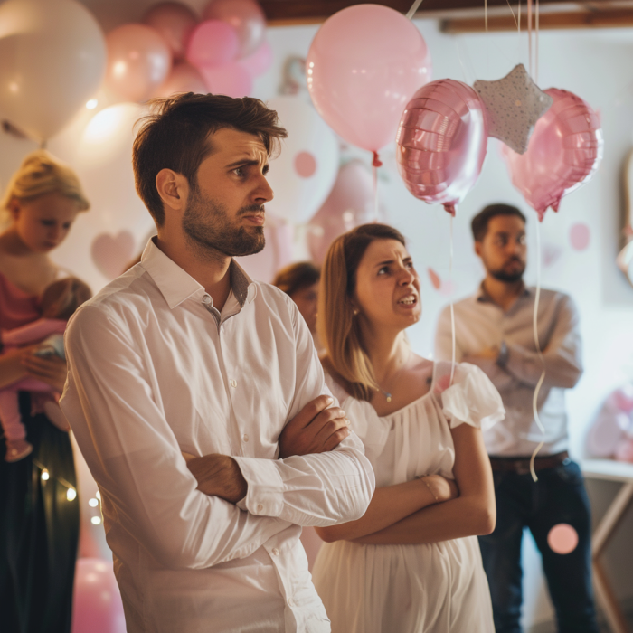 A pregnant couple is angry to see an unexpected visitor at their baby shower | Source: Midjourney