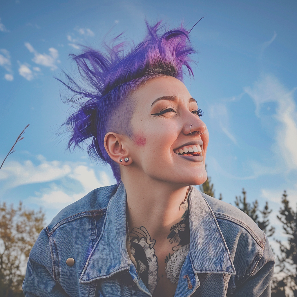 Woman fashioning a purple mohawk outdoors | Source: Midjourney
