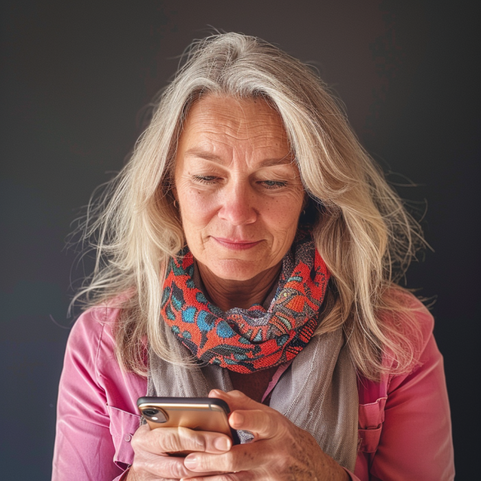 A middle-aged woman texting on her smartphone | Source: Midjourney