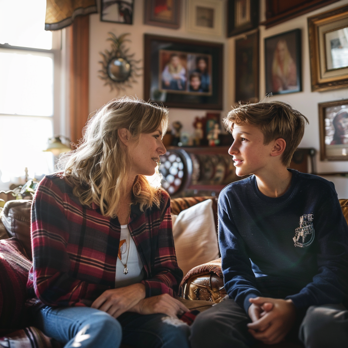 A teenage boy talking to his mother in their living room | Source: Midjourney