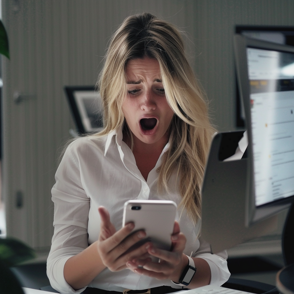 Woman surprised by what she reads on a text | Source: Midjourney