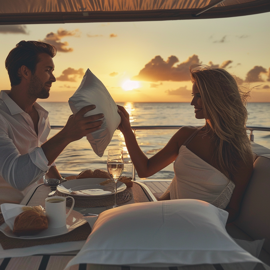 Woman handing a man a pillow during a sunset date on a boat | Source: Midjourney