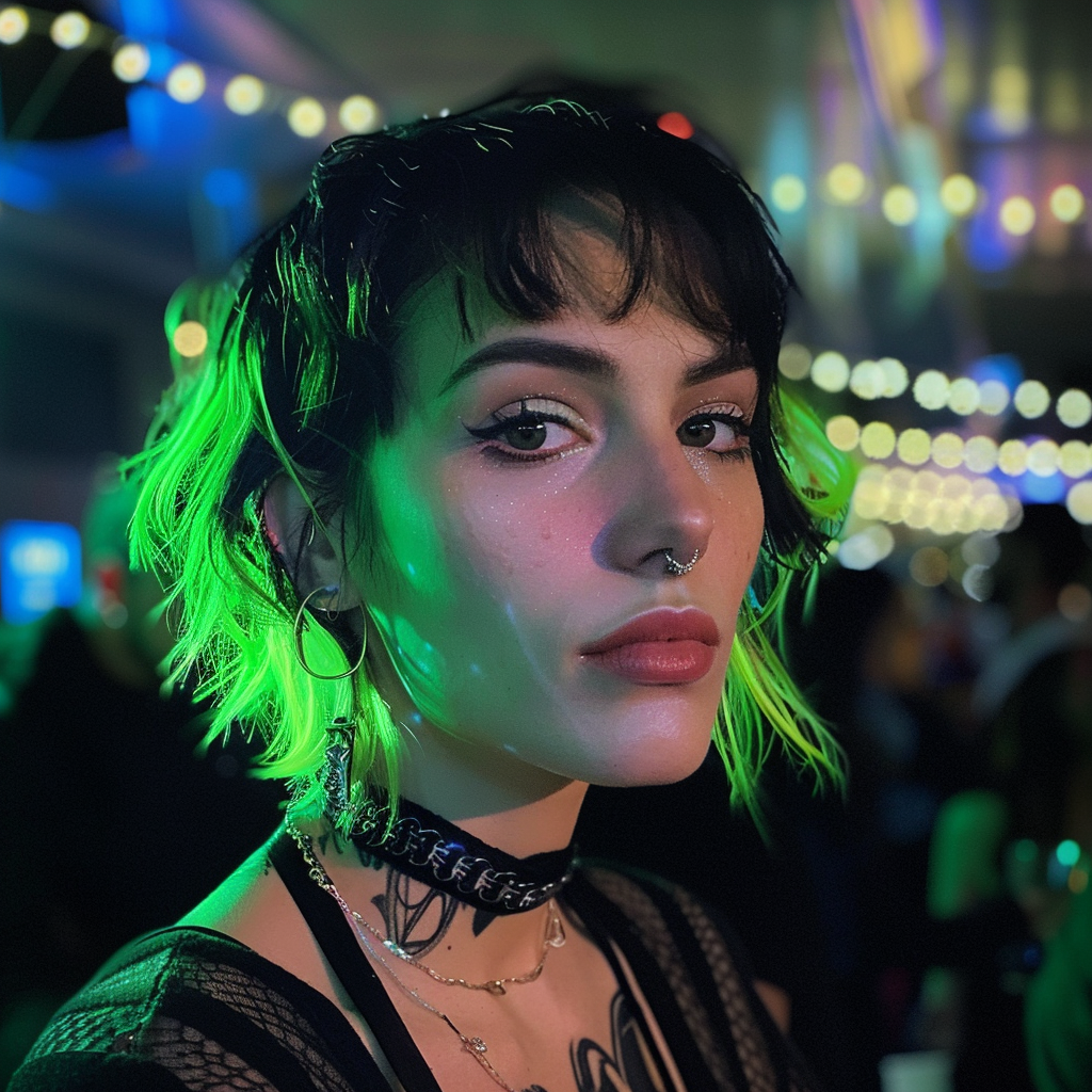 Young woman with neon green streaks on her hair | Source: Midjourney