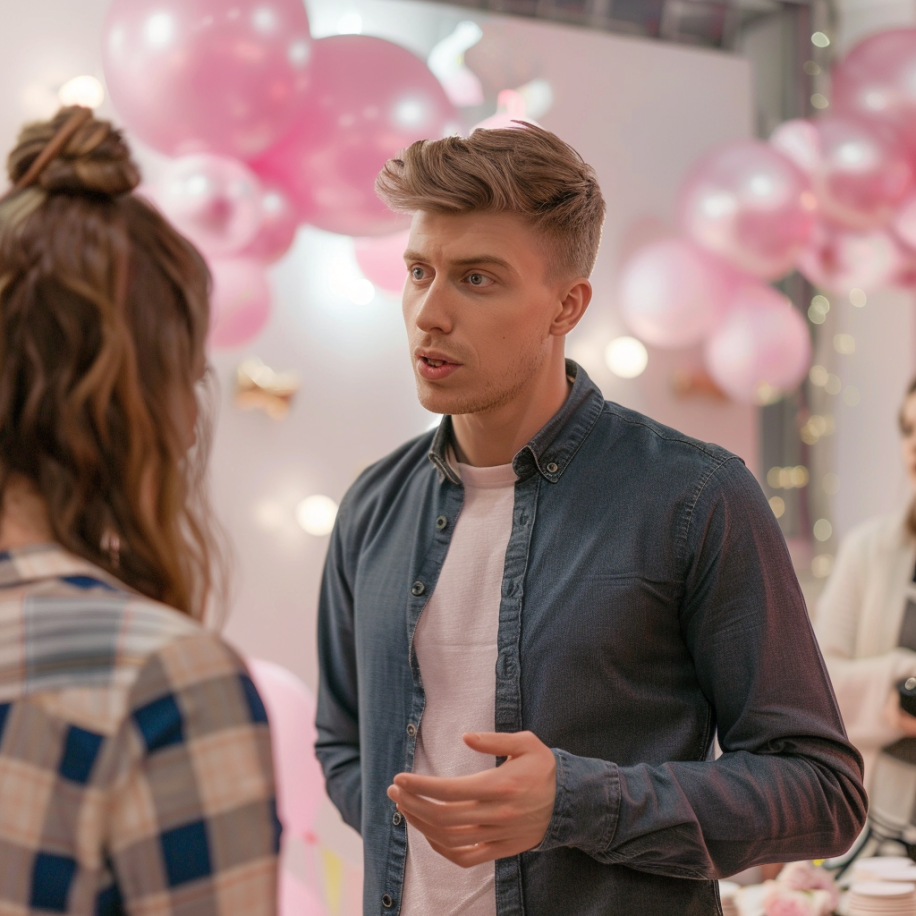 A side shot of a man talking to his ex-wife at a baby shower | Source: Midjourney