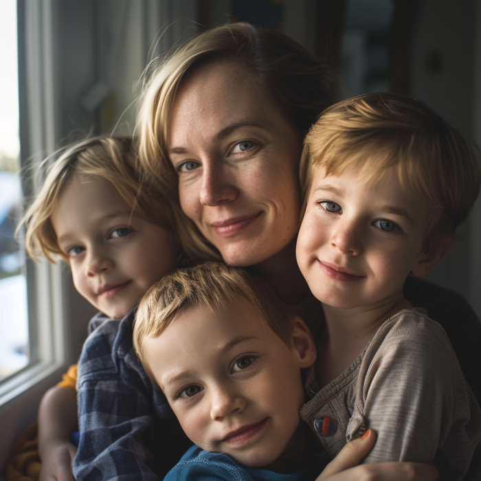 A woman hugging her three children | Source: Midjourney