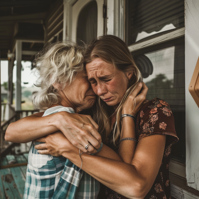 A middle-aged woman sharing an emotional hug with her daughter | Source: Midjourney