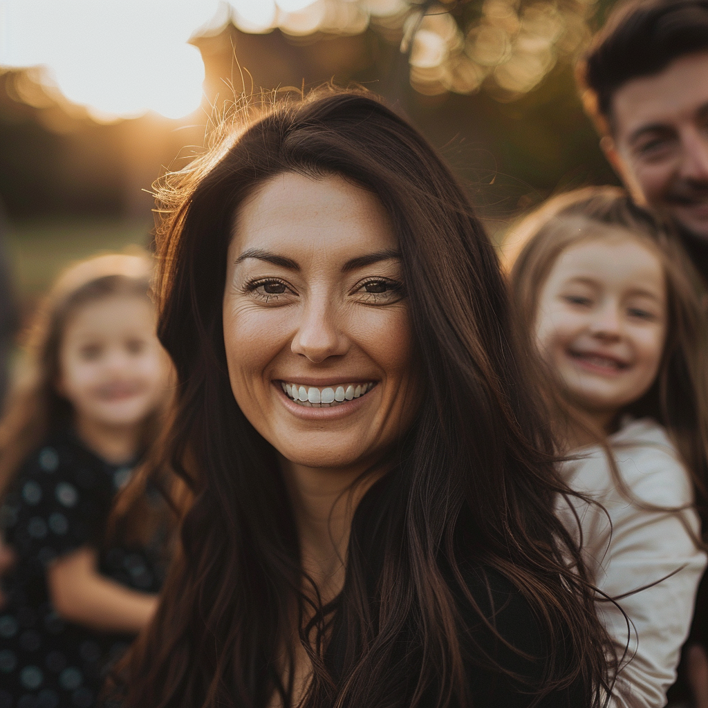 Woman smiling while a man and two young girls smile behind her | Source: Midjourney