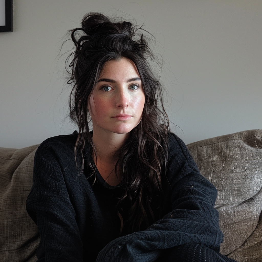 Dark haired woman with a messy bun sitting on a couch | Source: Midjourney