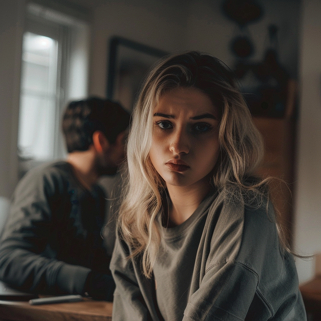 Woman in the foreground looking away from a man in the background | Source: Midjourney