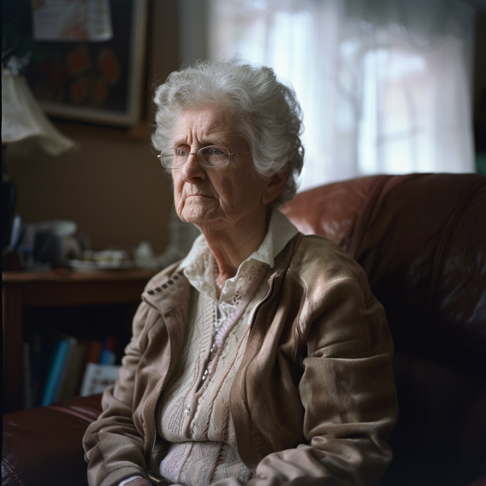 A grandmother sitting alone looking despondent | Source: Midjourney