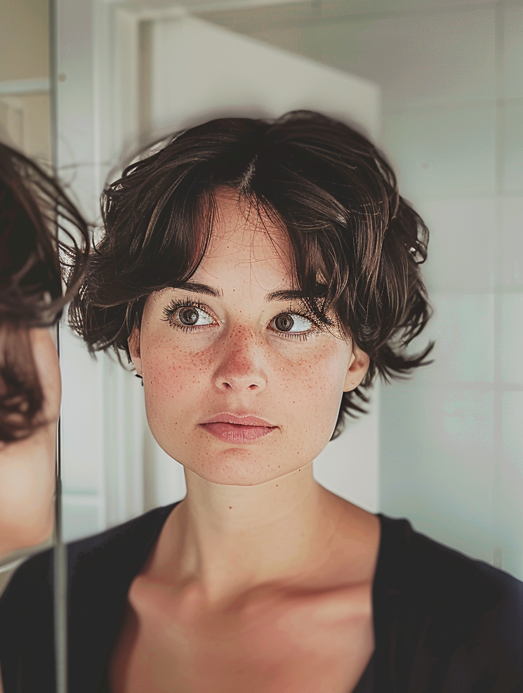 Woman staring at herself in the mirror | Source: Midjourney
