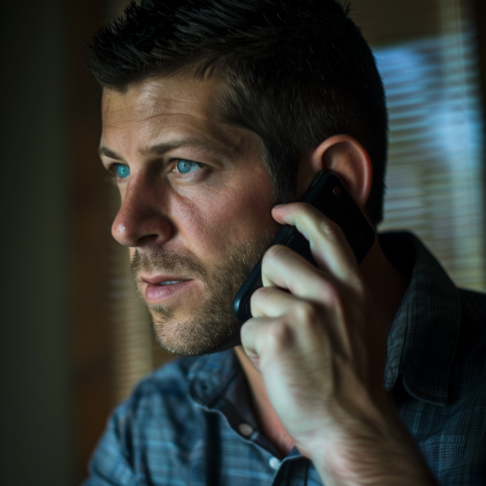 A serious-looking man talking on the phone | Source: Midjourney