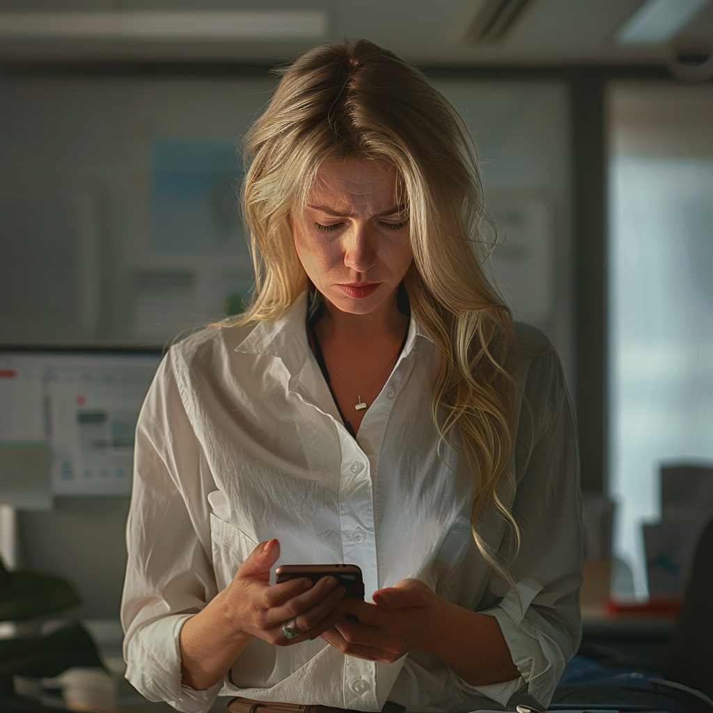 Woman reading a text message on her phone | Source: Midjourney